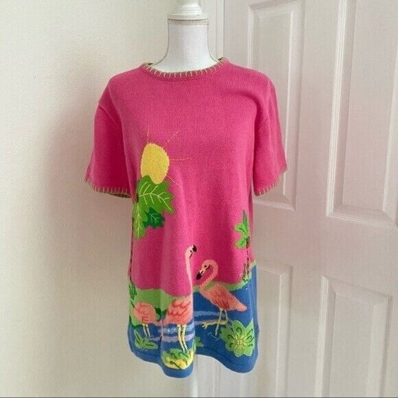 The Quacker Factory Pink Flamingo Embroidered Short Sleeve Sweater Sz Med Tropic - Picture 6 of 8